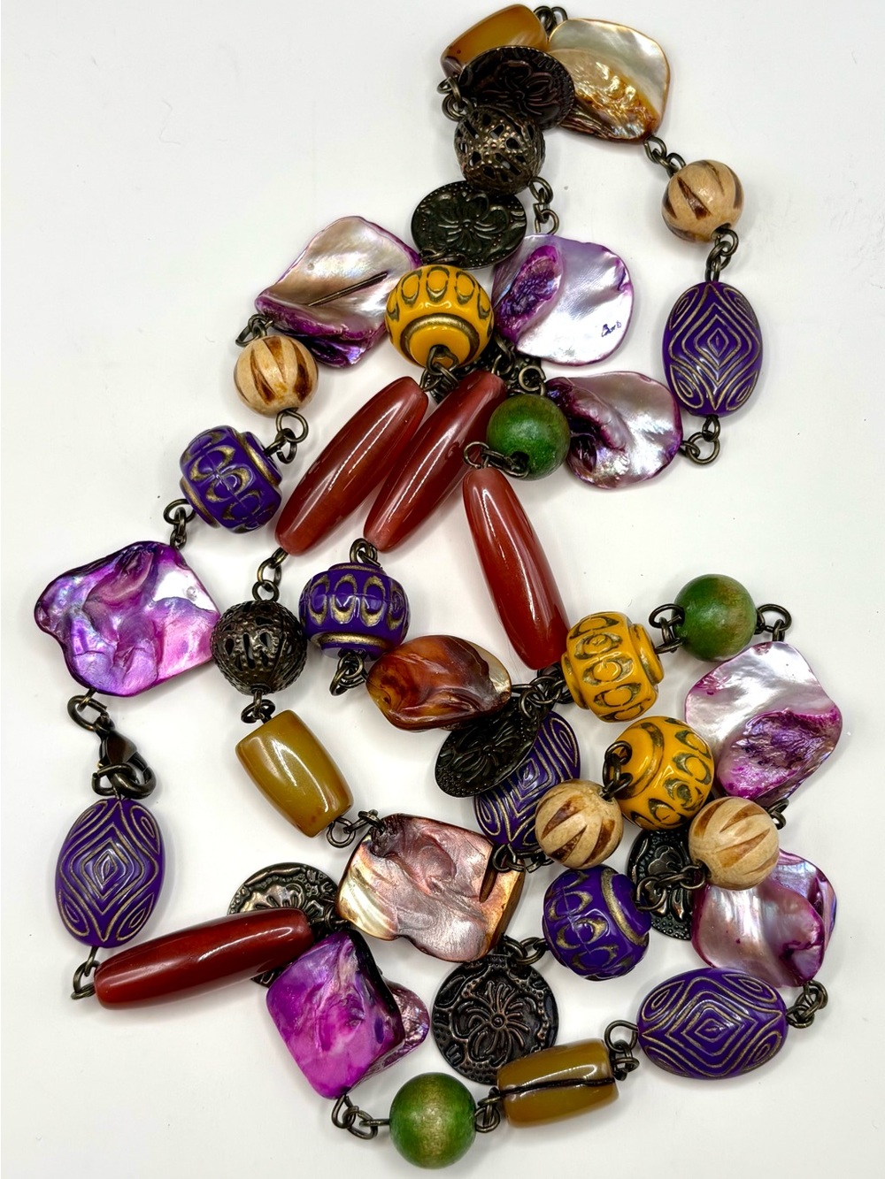 Vintage Boho Long Station Necklace Purple Shell Bead Ethnic Coin Charm 34"